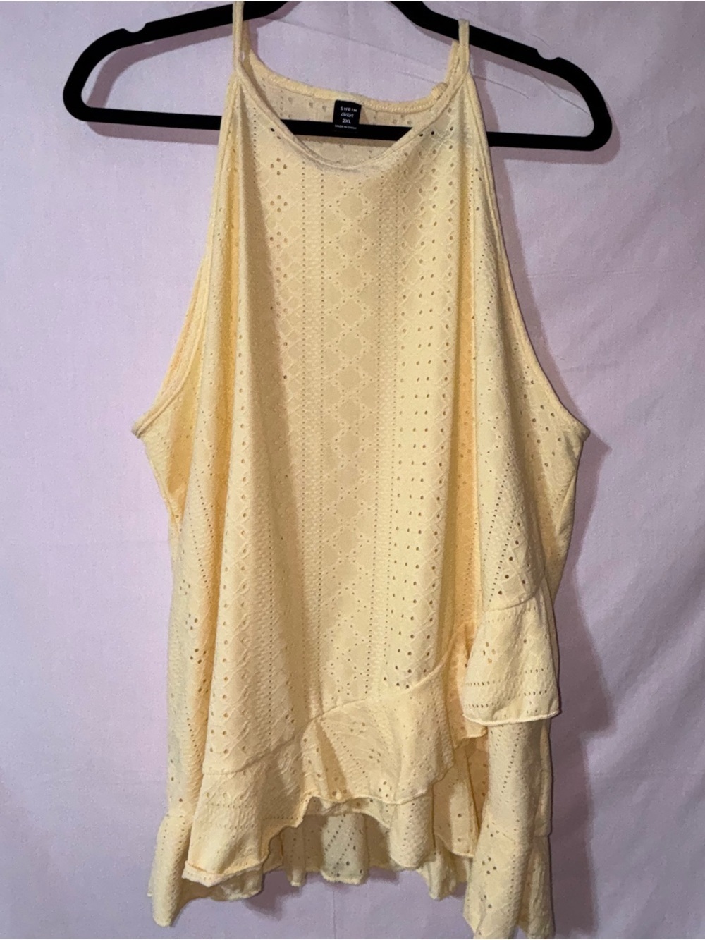 SHEIN Pale Yellow Eyelet Ruffle Halter Tank Top